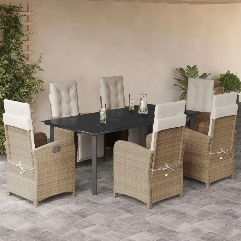Set da pranzo da giardino 7 pz con cuscini beige in polyrattan