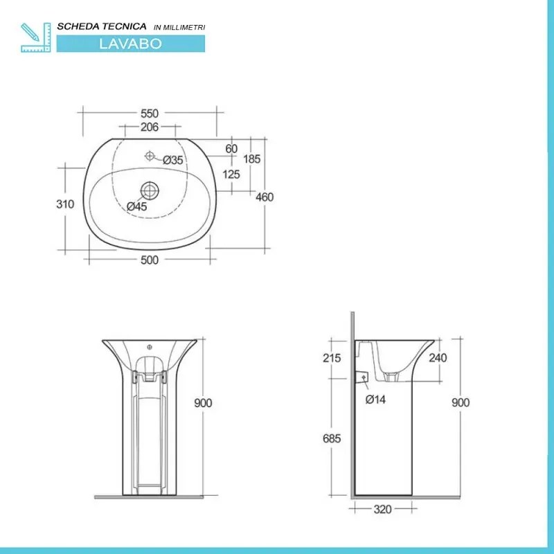 Lavandino freestanding bianco in ceramica Sensation con foro miscelatore