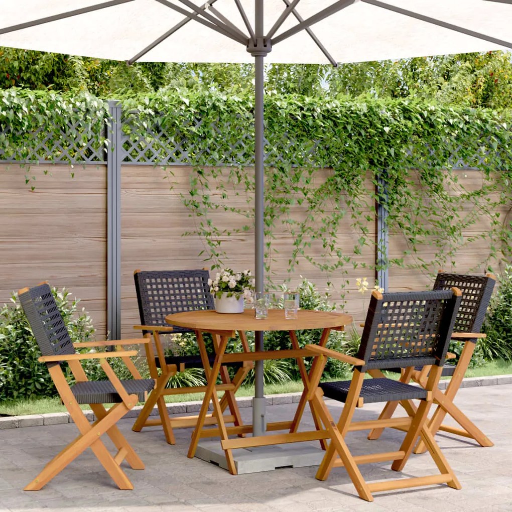 Set Da Pranzo Per Giardino 5pz Nero Polyrattan E Legno Massello /