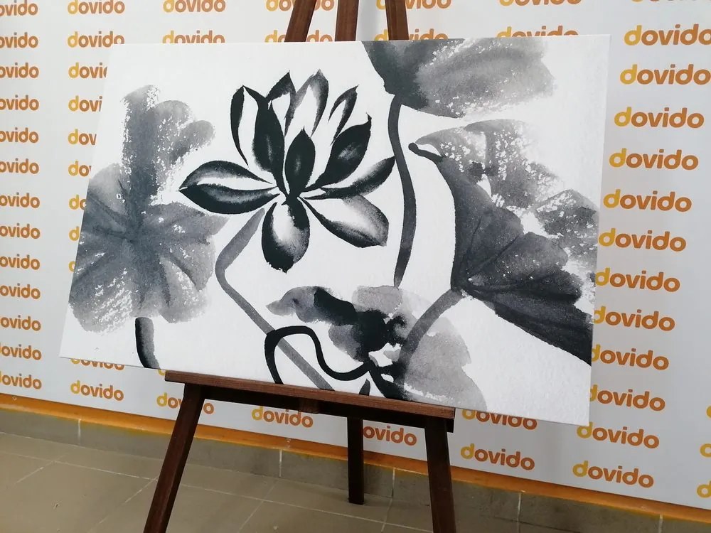 Stampa su tela – Fiore di loto acquerellato in bianco e nero