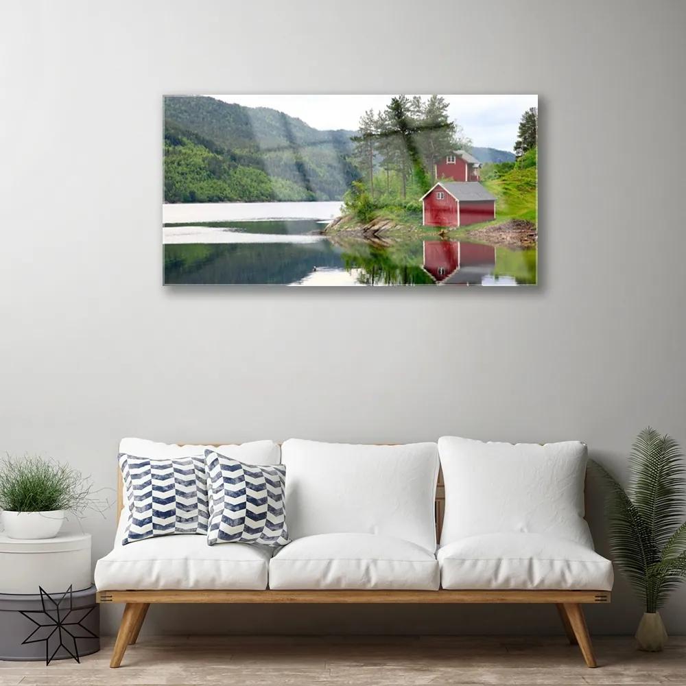 Quadro acrilico Paesaggio del lago di montagna della casa 100x50 cm