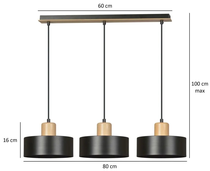 Lampadario a Sospensione in Acciaio e Legno TORIN 3 Nero 3xE27 Colore del corpo Nero