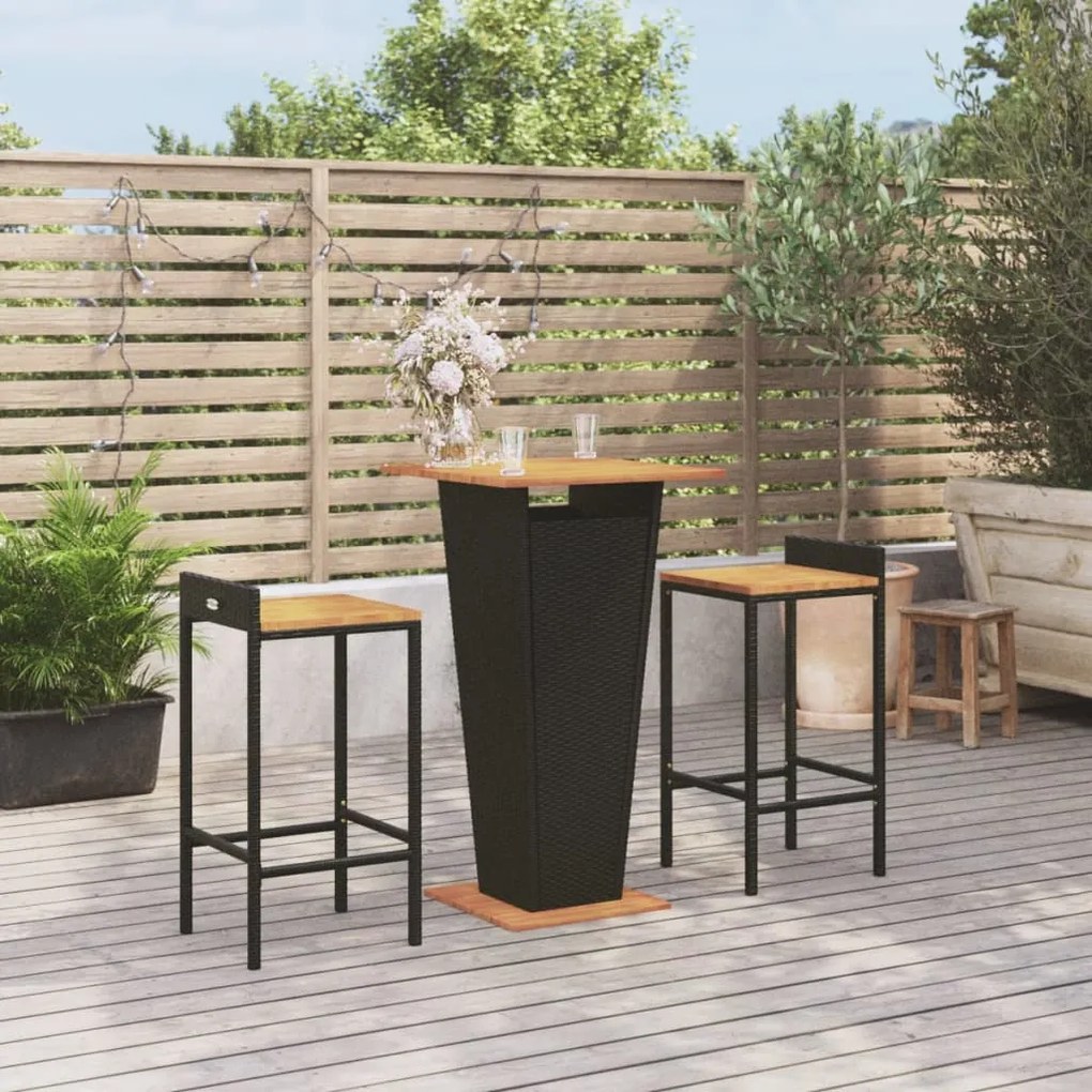Set Bar Giardino 3 Pz Nero Polyrattan E Legno Massello Acacia /