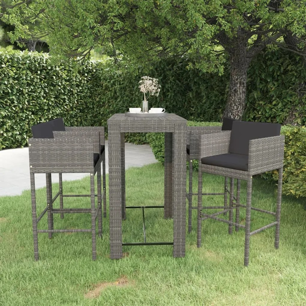 Set da bar da giardino 5 pz con cuscini in polyrattan grigio