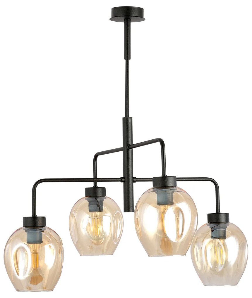 Lampadario Moderno 4 Luci Auriga In Accaio Nero E Vetro Ambra