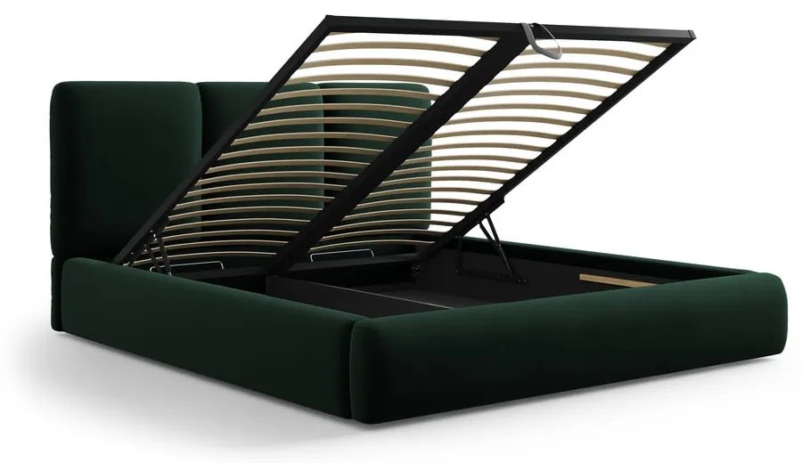 Letto matrimoniale imbottito in verde scuro in velluto con contenitore con rete inclusa 180x200 cm Brody – Mazzini Beds