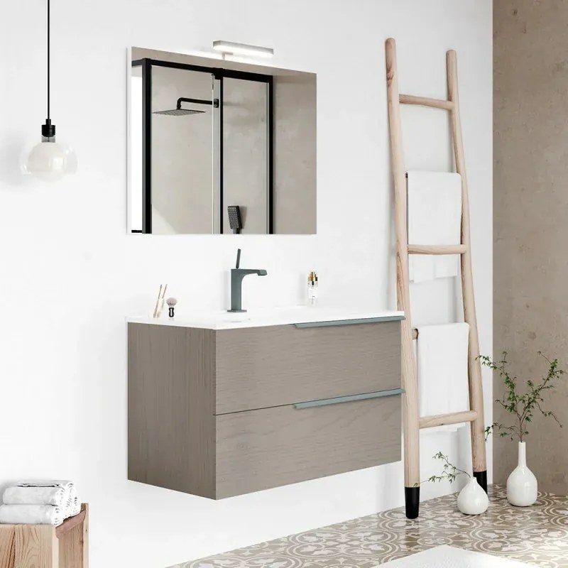 Mobile bagno sospeso 80 fango con lavabo in ceramica e specchio a filo LED Victoria