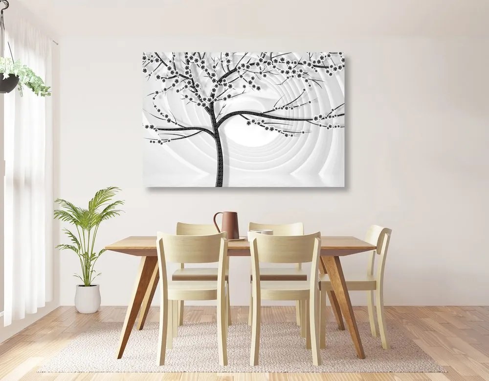 Stampa su tela – Albero moderno in bianco e nero su sfondo astratto