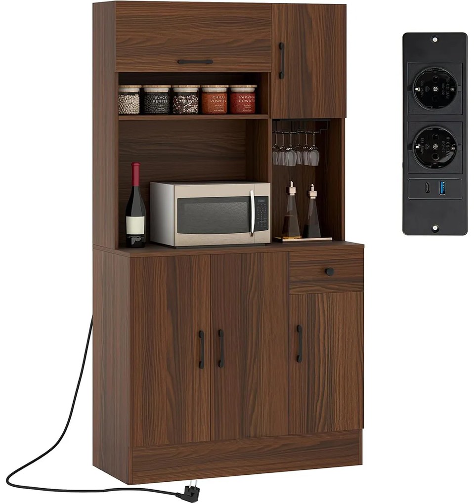 Costway Armadio dispensa con vetrina e prese di corrente, Armadio da cucina con portabicchieri cassetto e ripiani regolabili per sala da pranzo