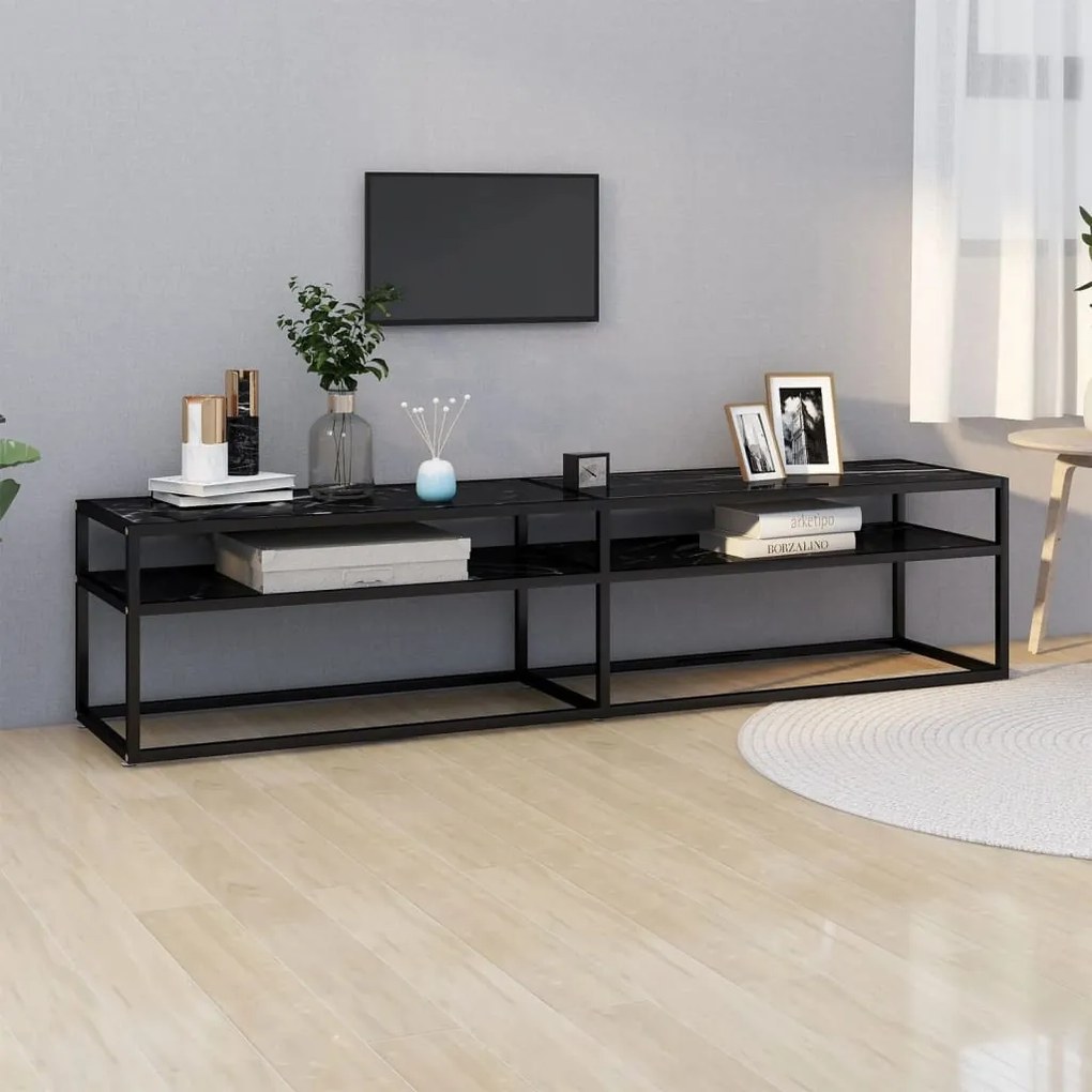 Mobile Porta Tv Marmo Nero 180x40x40,5 Cm İn Vetro Temperato /