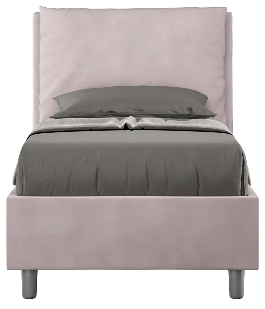 Letto singolo imbottito 80x190 microfibra Antea senza rete, con rete, contenitore, Glicine / Contenitore