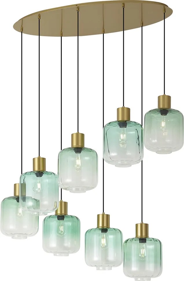 Lampada a sospensione Hotel Chic ottone con vetro blu e verde 8 luci - Qara