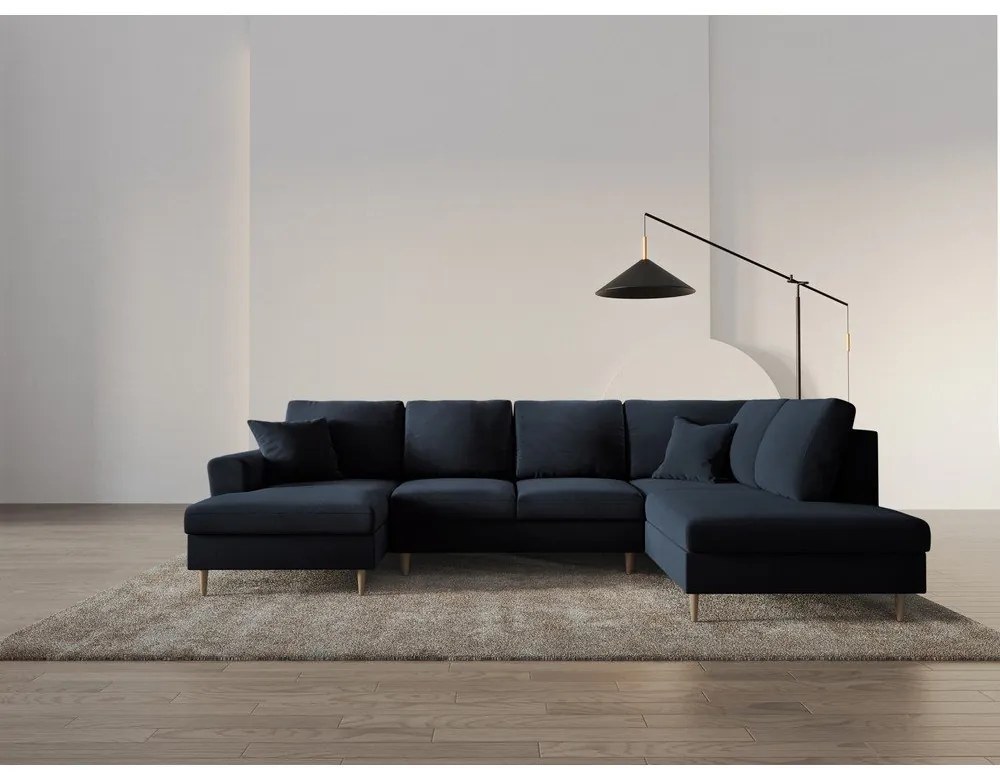 Divano angolare blu scuro allungabile e con contenitore (con penisola a destra/a U) con rivestimento in velluto Kyoto – Cosmopolitan Design