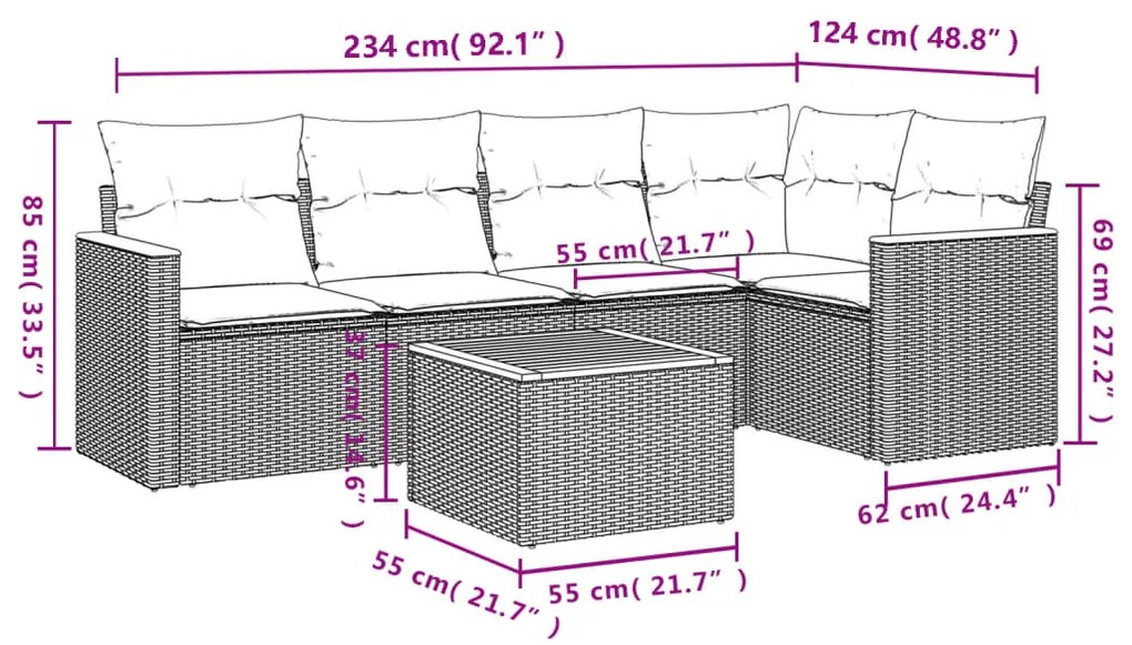 Set divano da giardino 6 pz con cuscini beige in polyrattan