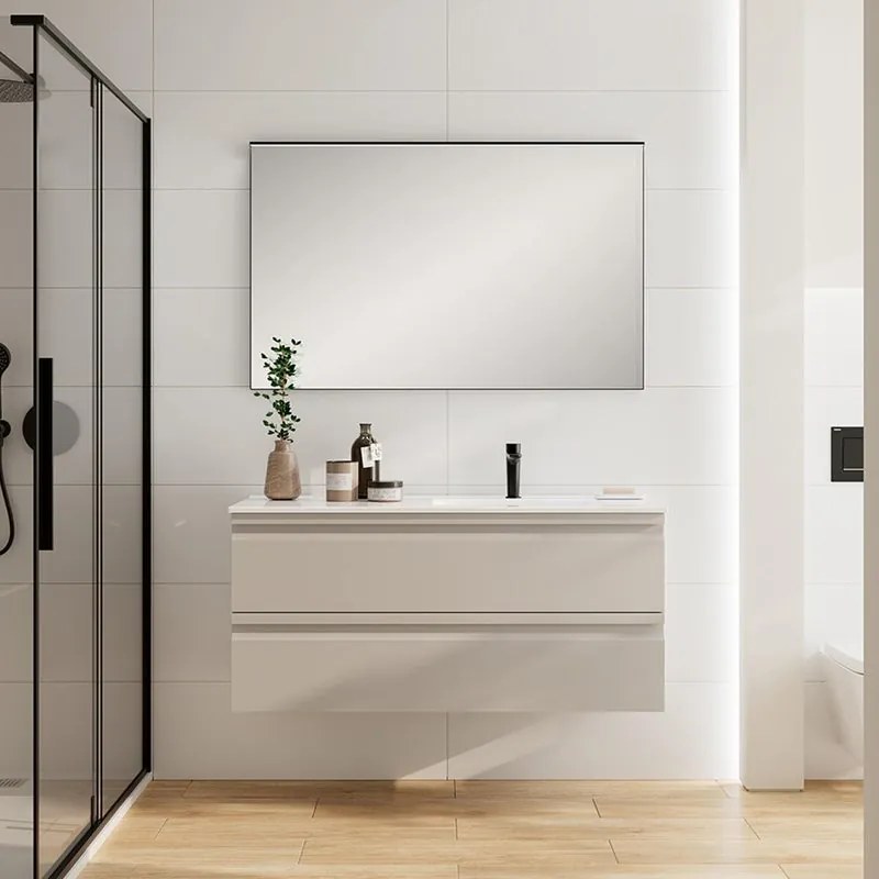 Mobile da bagno sospeso Pull taupe con lavabo in ceramica vasca DX base con 2 cassetti a chiusura ammortizzata (estrazione parziale), con presa maniglia L120 H55 P45 cm