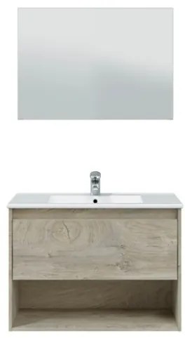 Mobile Bagno Sospeso 80 cm Vano Aperto Lavabo Specchio E Colonna Rovere Alaska VAN