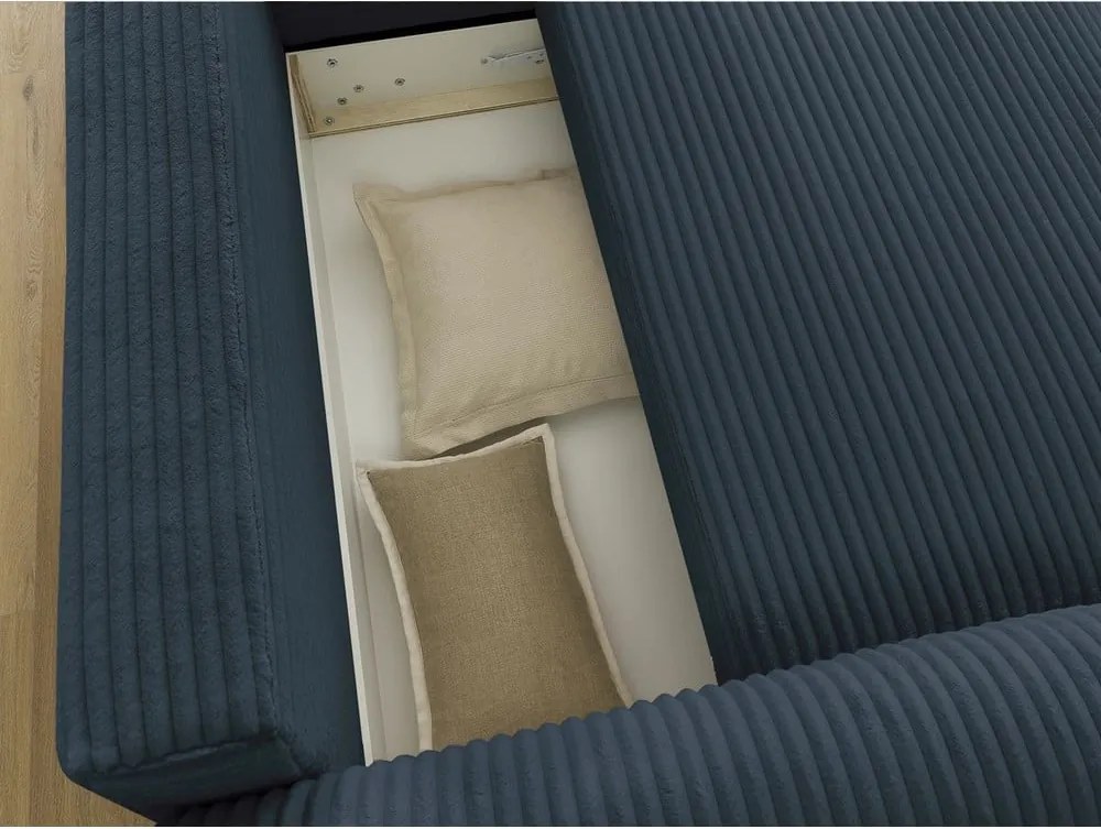 Divano angolare in blu scuro allungabile (con penisola a destra) con rivestimento in velluto a coste Lucien – Bobochic Paris