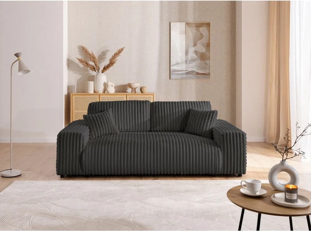 Divano grigio scuro con rivestimento in velluto a coste 213 cm Justin – Ropez