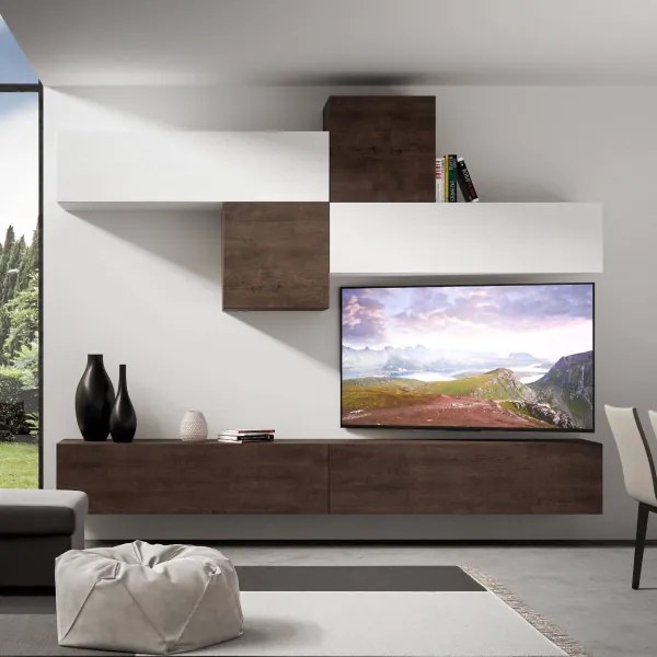 Parete per soggiorno A111 L.308 P.39,5 Noce e Bianco