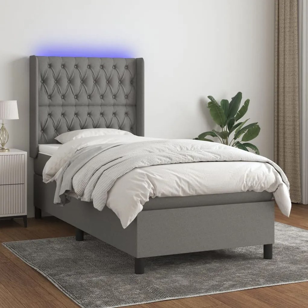 Letto a molle materasso e led grigio scuro 100x200cm in tessuto