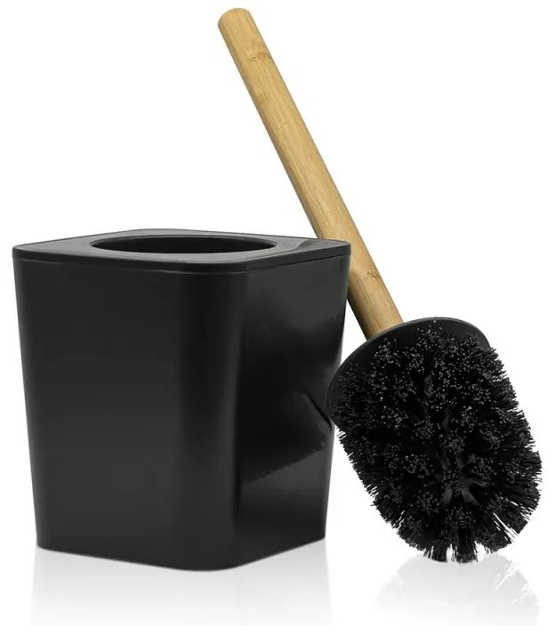 Porta scopino bagno nero opaco con manico ergonomico in bambù