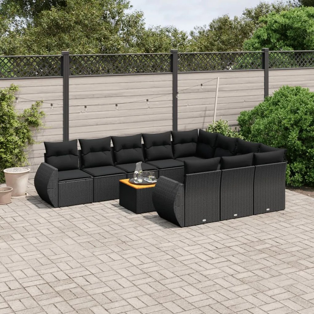 Set divani da giardino 11 pz con cuscini in polyrattan nero