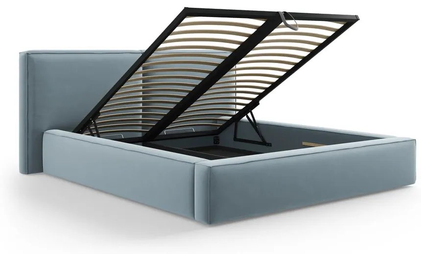 Letto matrimoniale imbottito azzurro in velluto con contenitore con rete inclusa 200x200 cm Arendal – Cosmopolitan Design