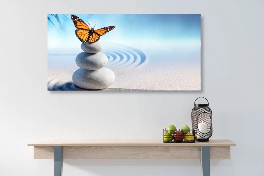 Quadro su tela – Equilibrio di pietre e farfalla