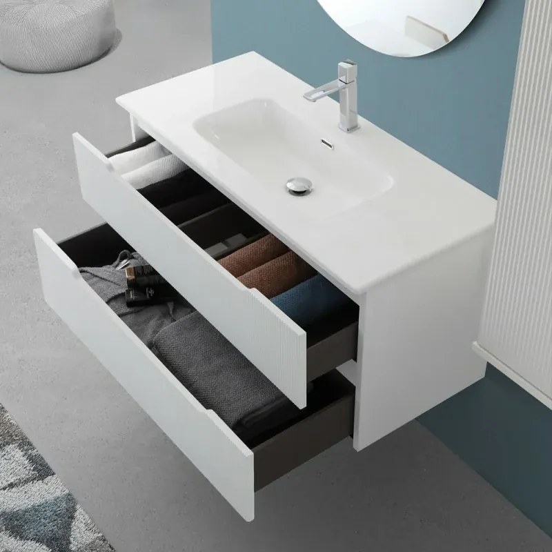 Mobile bagno sospeso 80 bianco cannettato doppi cassetto lavabo e specchio Wise