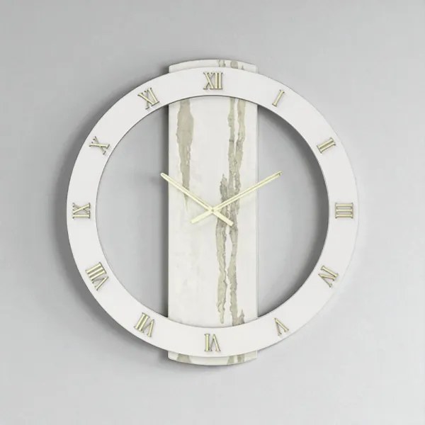 Orologio rotondo D60 cm in legno rivestito con parato e dettagli Oro TYLER