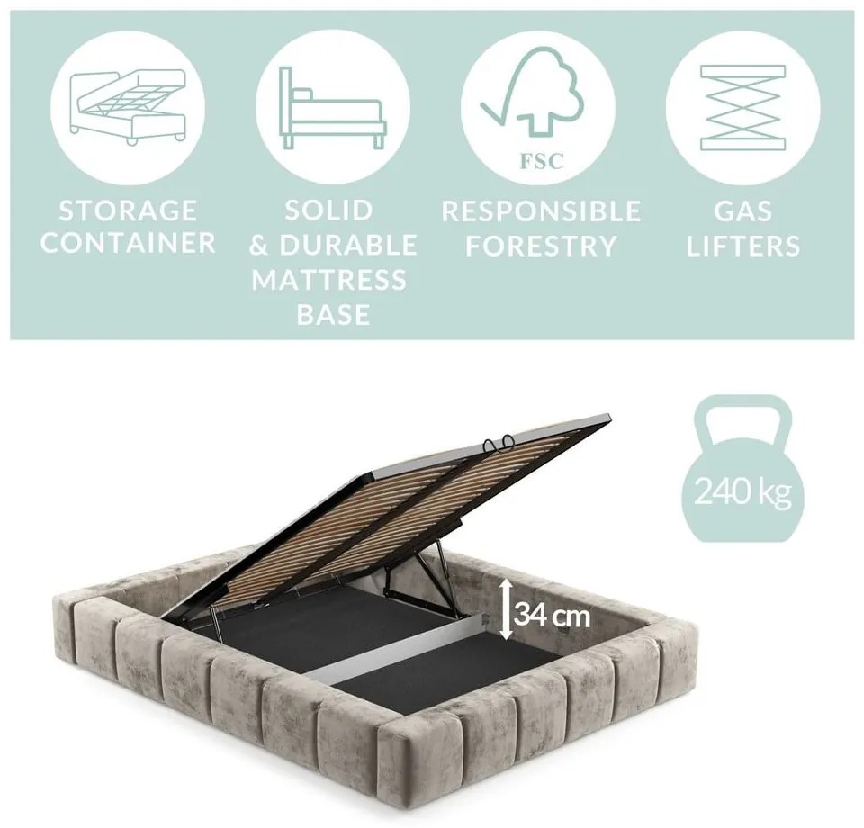 Letto matrimoniale imbottito grigio chiaro con spazio contenitivo e rete 200x200 cm Aruba L - Maison de Rêve