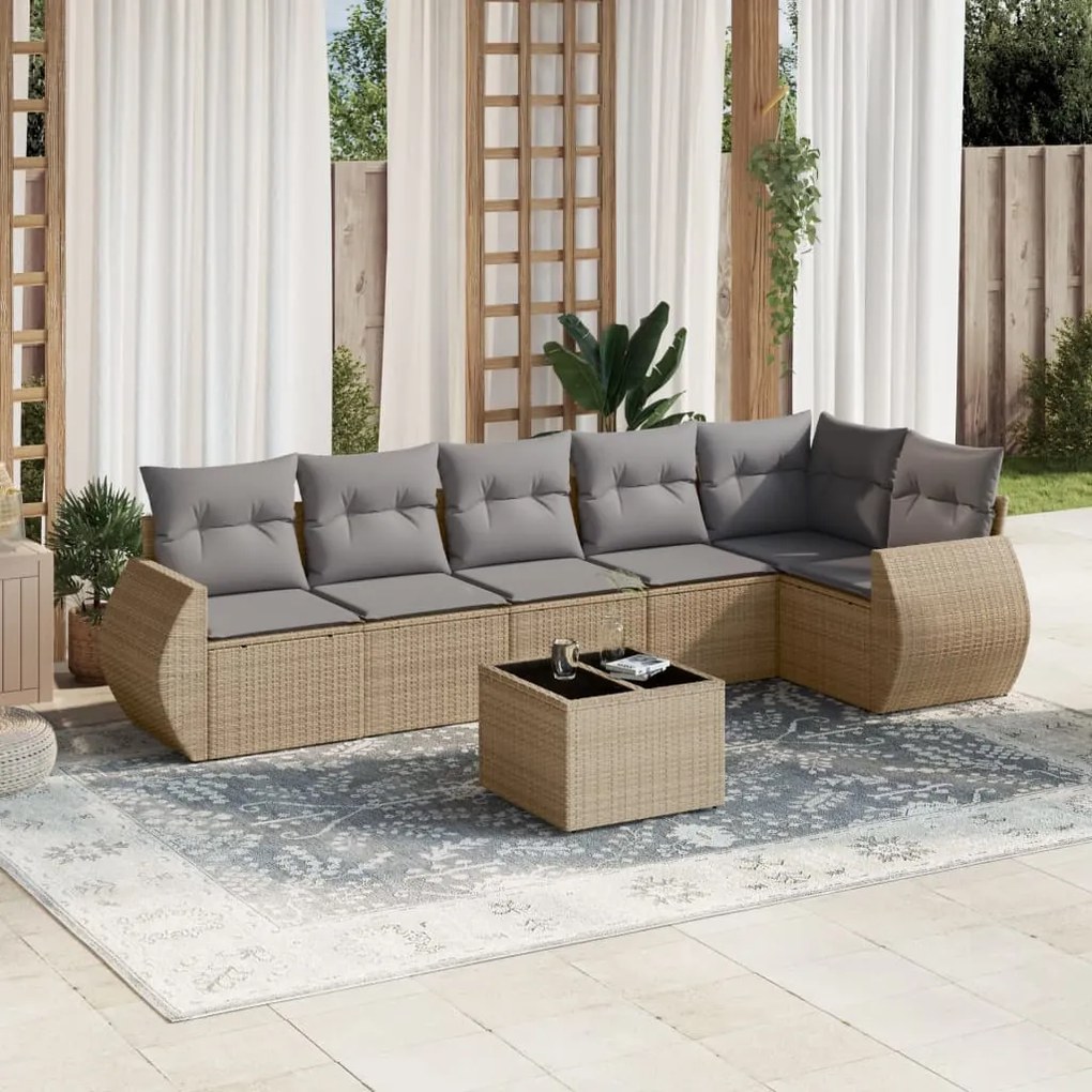 Set divani da giardino 7 pz con cuscini beige in polyrattan