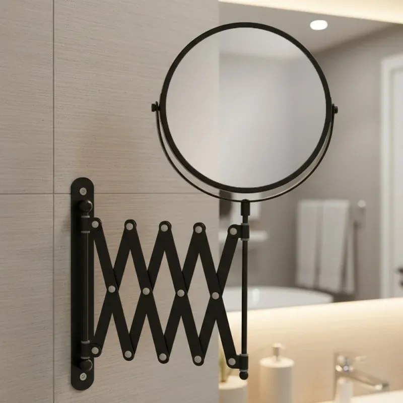 Specchio da trucco a parete in acciaio inox nero con braccio telescopico e ingranditore 3x