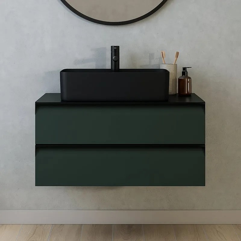 Mobile da bagno sospeso sotto lavabo L 99.5 x H 40 x P 45.5 cm verde laccato opaco, 2 cassetti Fusion