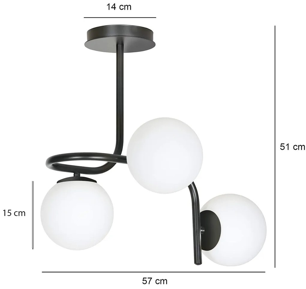 Lampadario 3 Luci Rama In Acciaio Nero A Bracci E Sfere In Vetro Opalino