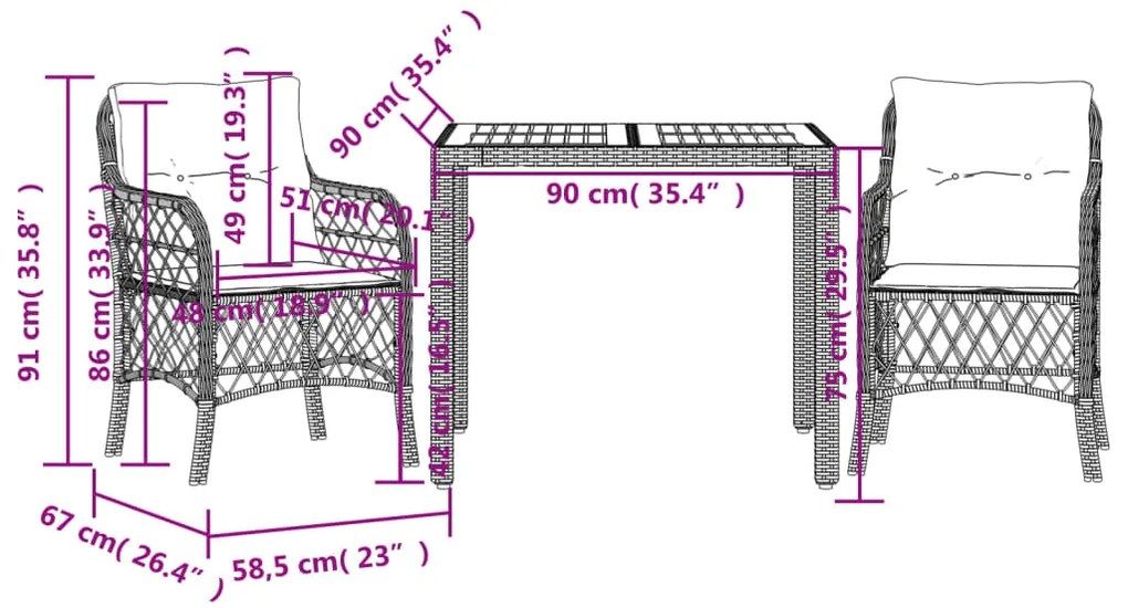 Set da Bistrò 3 pz con Cuscini Nero in Polyrattan