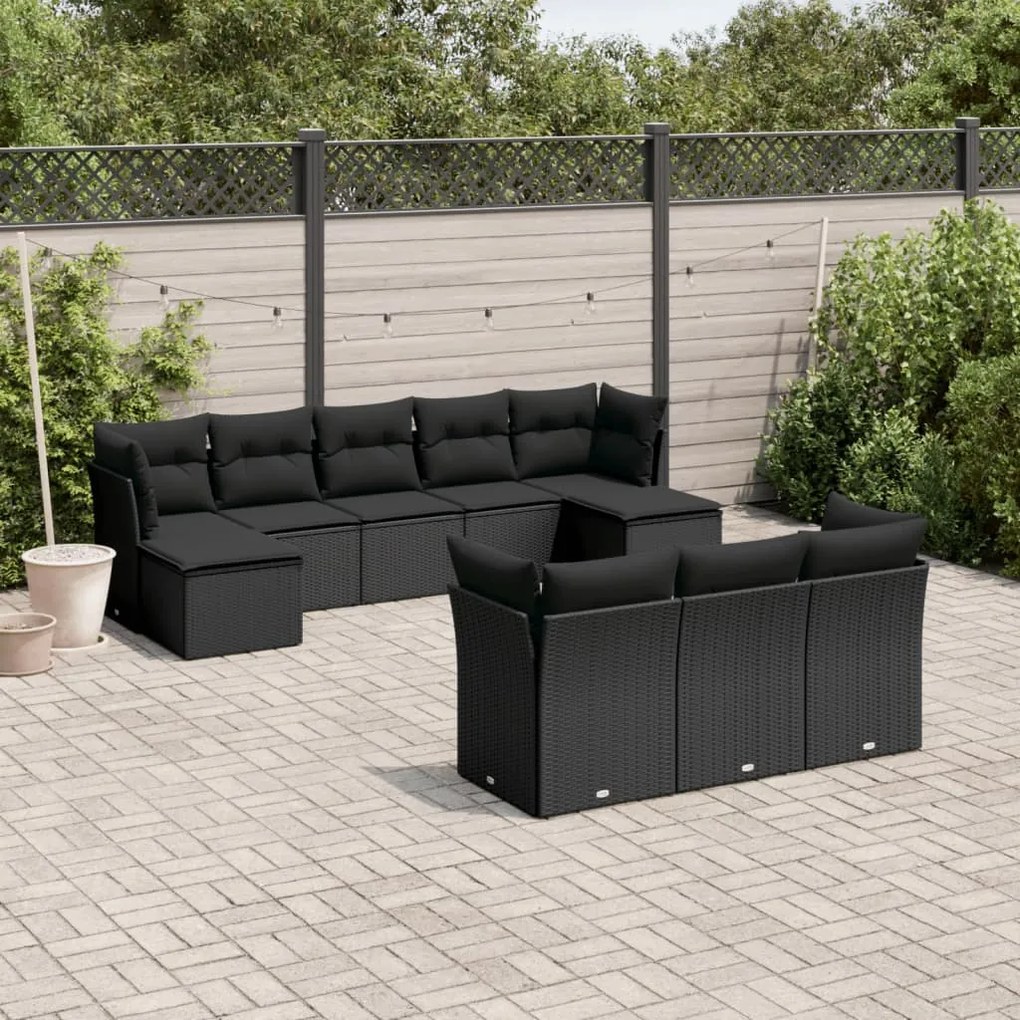 Set divani da giardino 10pz con cuscini in polyrattan nero