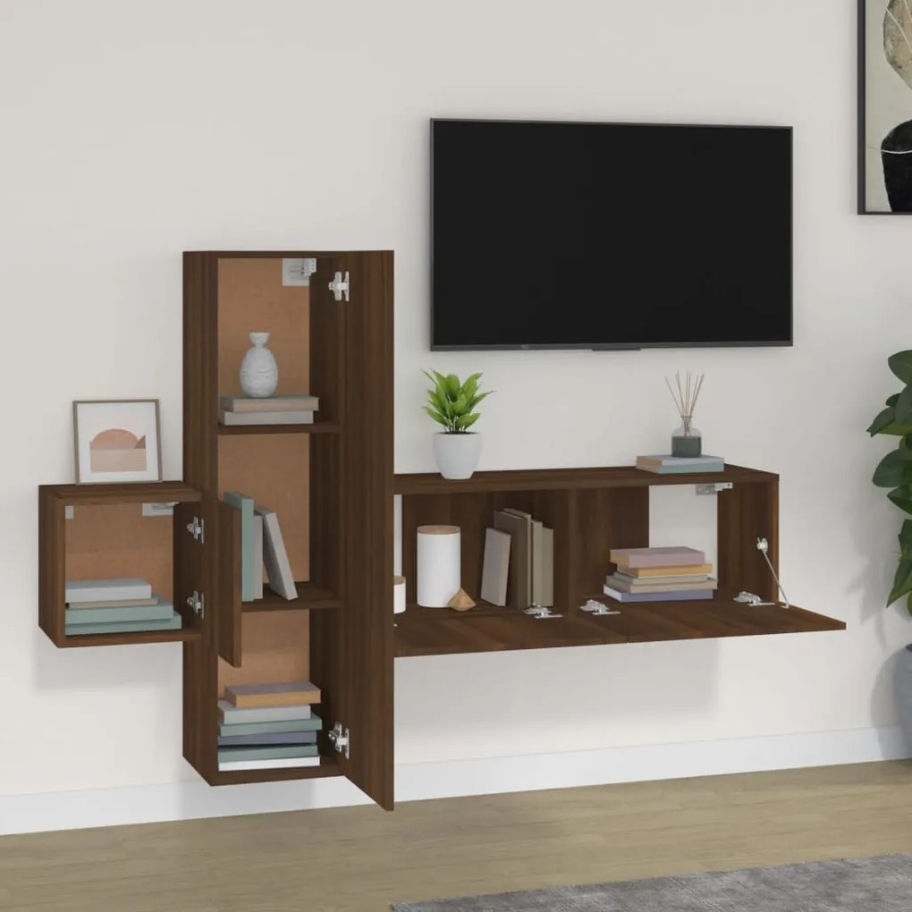 Set mobili porta tv 3 pz rovere marrone in legno multistrato