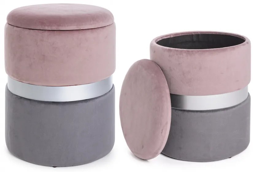 Set di 2 pouf contenitore POLINA in velluto rosa-grigio