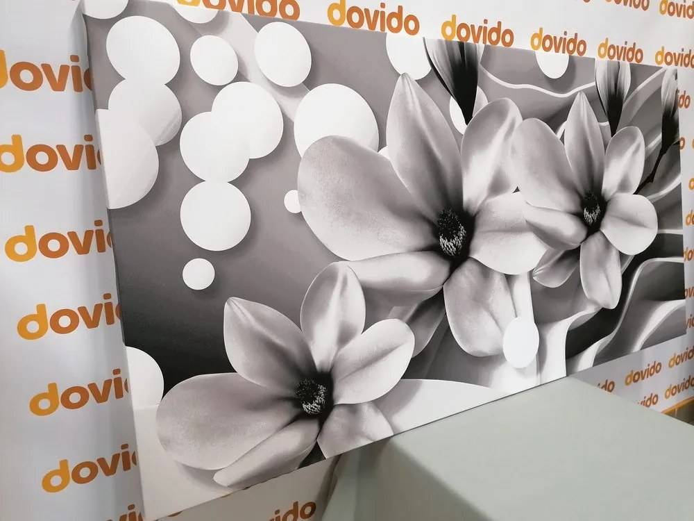 Quadro su tela – Magnolia in bianco e nero su sfondo astratto