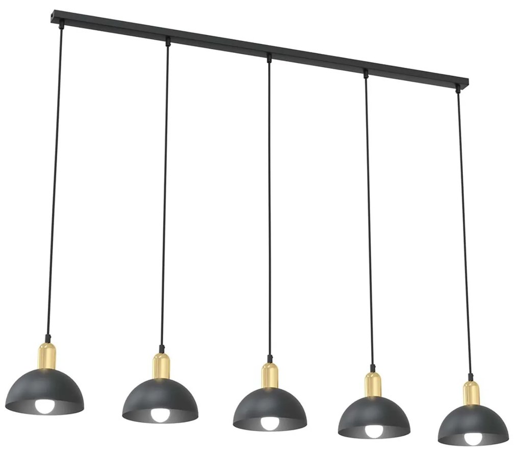 Lampadario 5 Luci Moto In Acciaio Nero E Oro Diffusori A Cupola