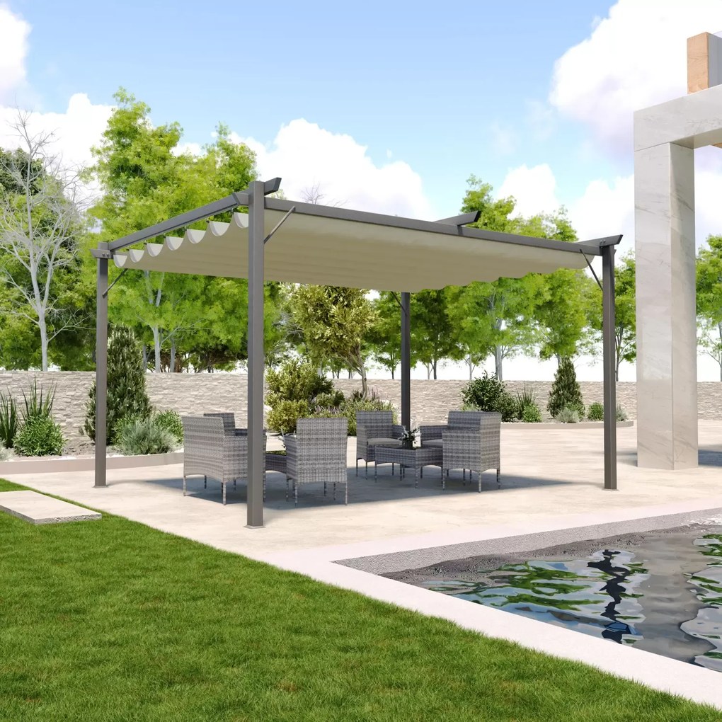 Gazebo Pergola 3 x 3 M Pergolato Con Telo Impermeabile Retrattile Richiudibile Struttura In Acciaio Per Giardino Terrazzo Piscina Esterno Fiere Campeggio Design Elegante Moderno Ninove Colore Beige