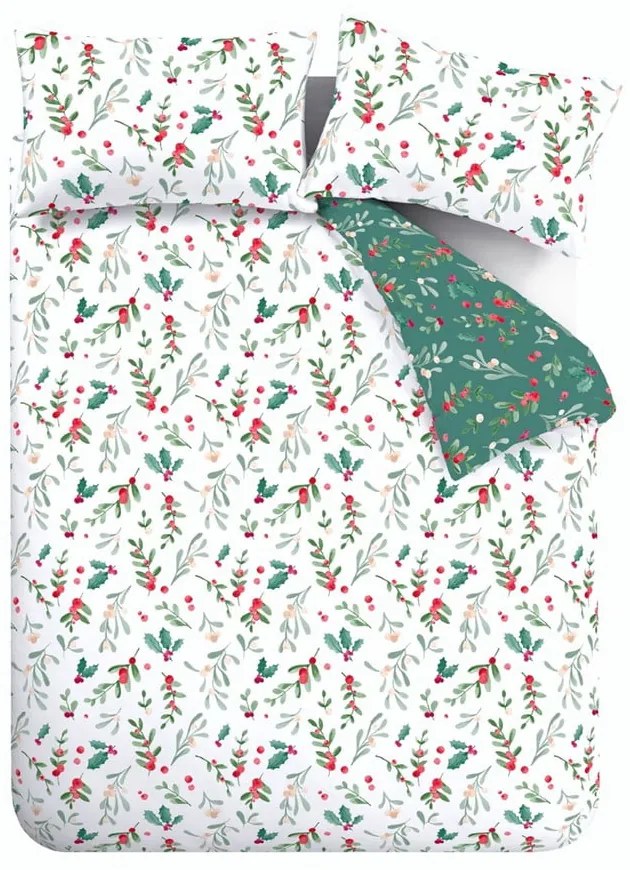Biancheria da letto in flanella bianco-verde per letto matrimoniale 200x200 cm Holly and Mistletoe - Catherine Lansfield