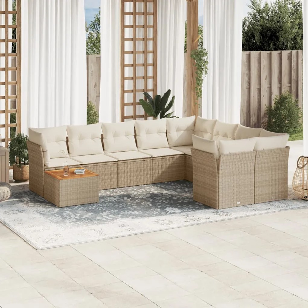 Set divano da giardino 10 pz con cuscini beige in polyrattan