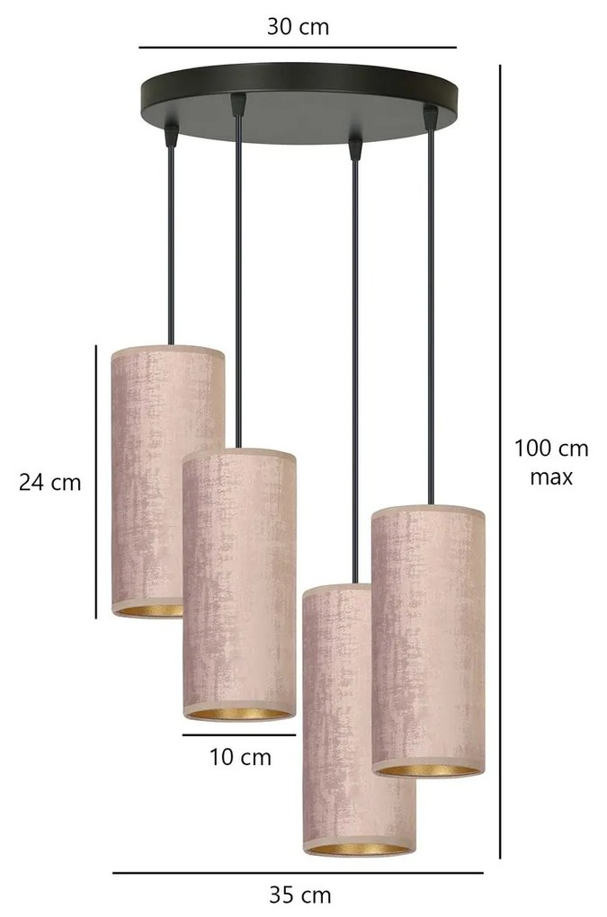 Sospensione Tonda 4 Luci Bente In Acciaio Nero E Paralumi Rosa E Oro