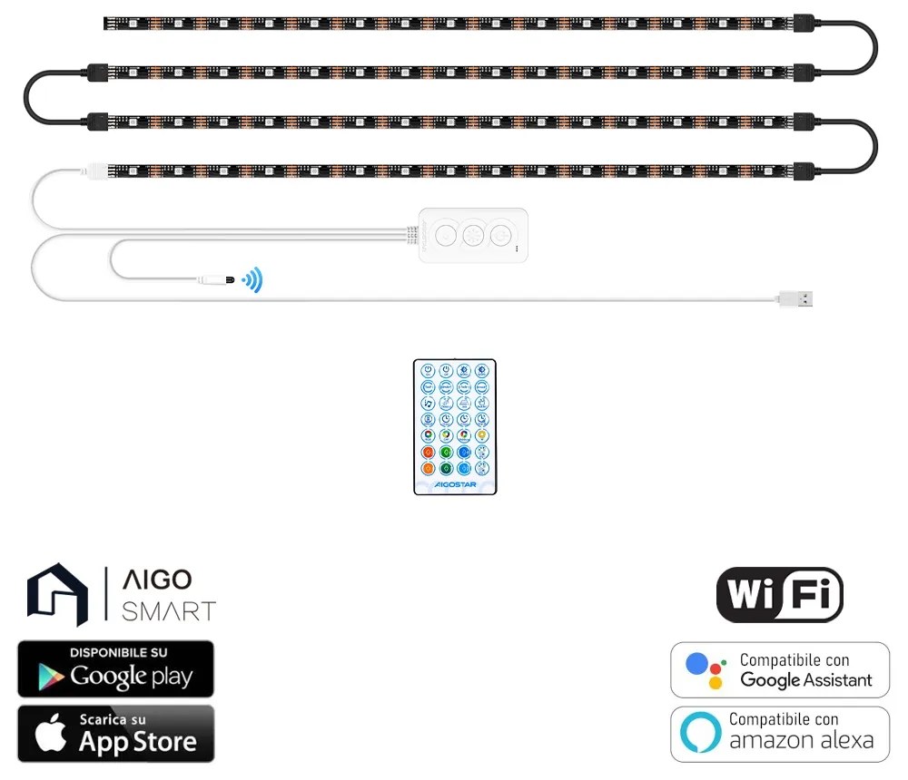 Striscia Led Smart 5V 36W 4&#215;0,5 metri WiFi RGB luce regolabile e dimmerabile con telecomando Aigostar