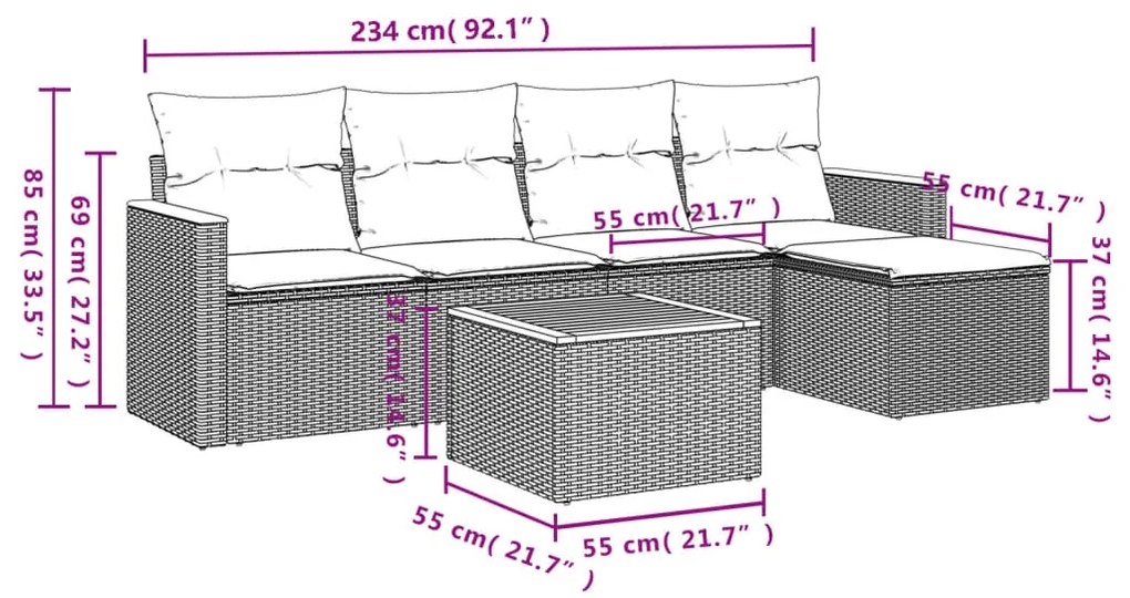 Set divano da giardino 6 pz con cuscini beige in polyrattan