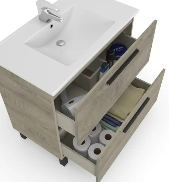 Mobile Bagno Completo Di Lavabo In Ceramica E Specchio Athena 80 Cm 2 Cassetti Rovere Alaska