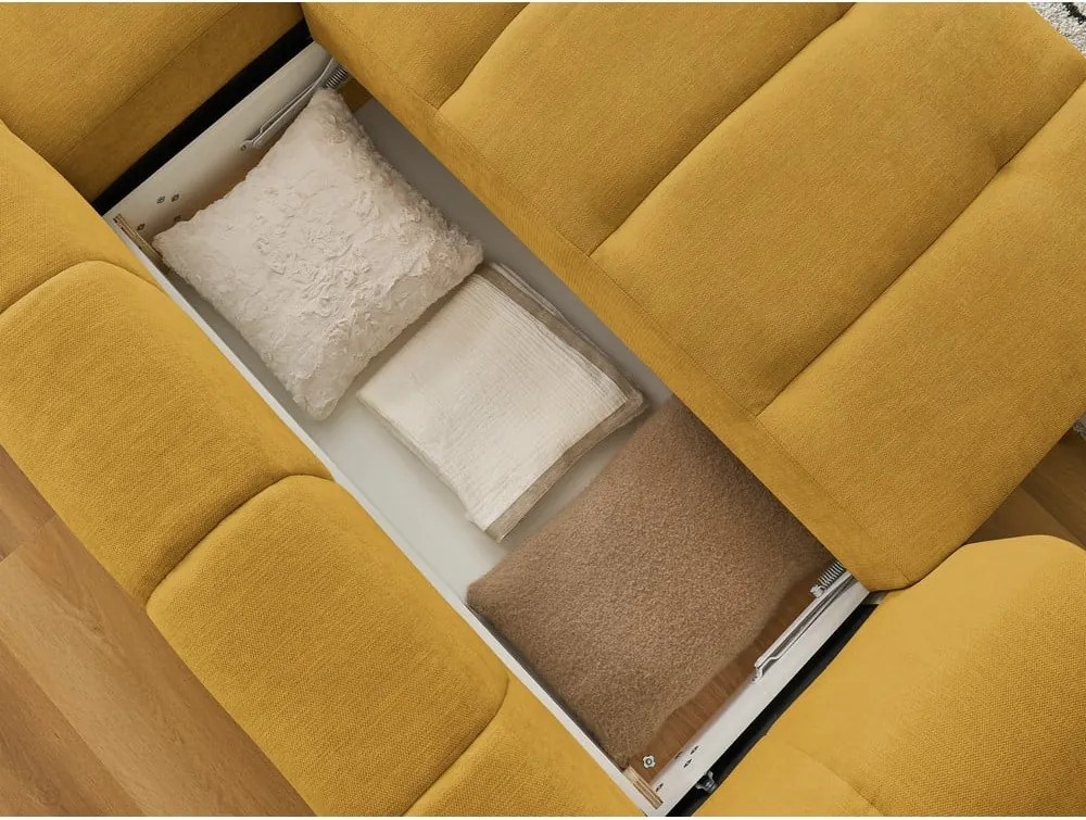 Divano angolare color senape allungabile e con contenitore (penisola a destra/chaise lounge) con rivestimento in ciniglia Fuji – Bobochic Paris