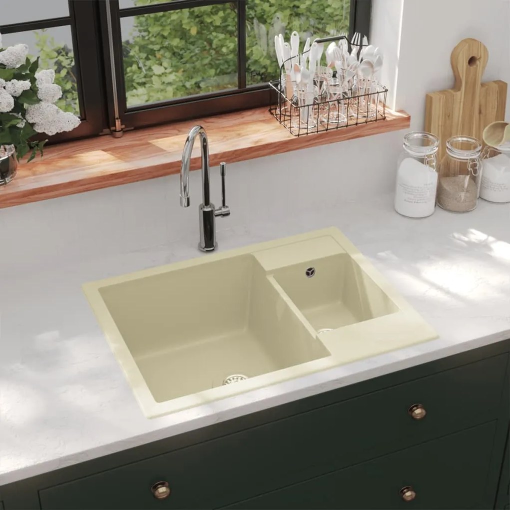 Lavello Da Cucina Doppio Con Foro Troppopieno Beige İn Granito /